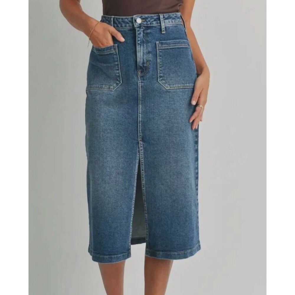 Just Black Denim Utility Pocket Midi Denim Skirt, Sz M